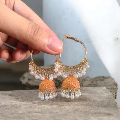 Golden Crystal Jhumka Earrings for Women thumbnail 3