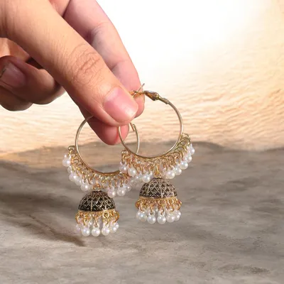 Golden Crystal Jhumka Earrings for Women thumbnail 3