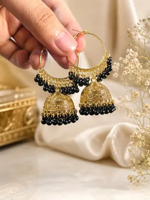 Golden Jhumka Earrings for Women 2 Pcs Gold Plated Crystal thumbnail 2