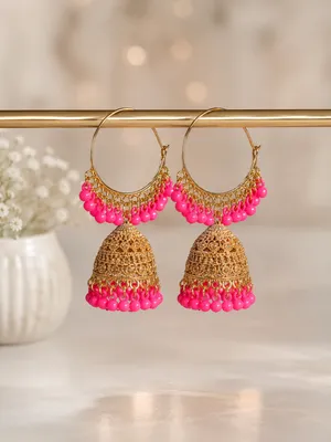 Golden Crystal Jhumka Earrings for Women 2 Pcs thumbnail 2