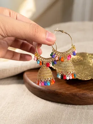 Golden Jhumka Earrings for Women with Crystal Tassels thumbnail 2