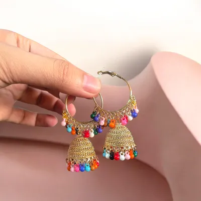 Golden Jhumka Earrings for Women with Crystal Tassels thumbnail 3
