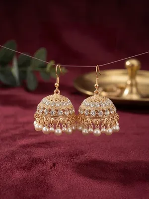 Golden Pearl Jhumka Earrings for Women thumbnail 3