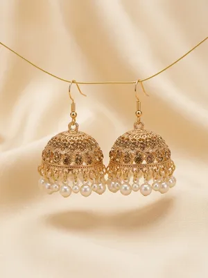 Golden Pearl Jhumka Earrings for Women thumbnail 3