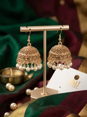 Golden Pearl Jhumka Earrings for Women thumbnail 4