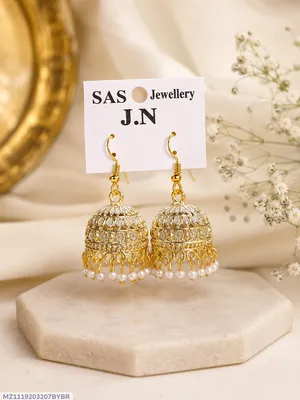 Gold Plated Crystal Jhumka Earrings for Women 2 Pcs