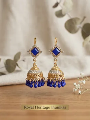 Gold Plated Blue Crystal Jhumka Earrings for Women thumbnail 2