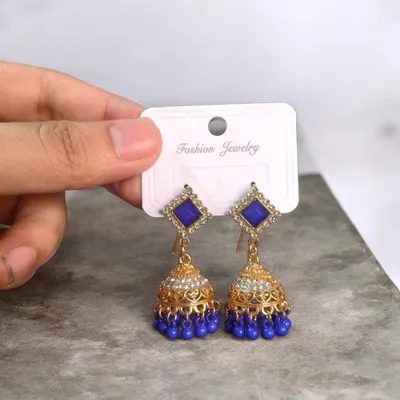 Gold Plated Blue Crystal Jhumka Earrings for Women thumbnail 3