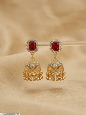 Gold Plated Crystal Jhumka Earrings for Women 2 Pcs