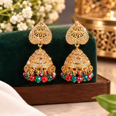 Moon Design Gold Plated Crystal Jhumka