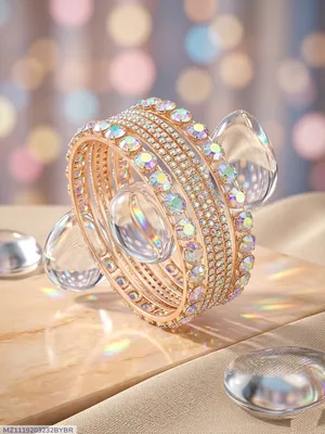 Modern Gold Plated Crystal Kara Bangle Set of 6