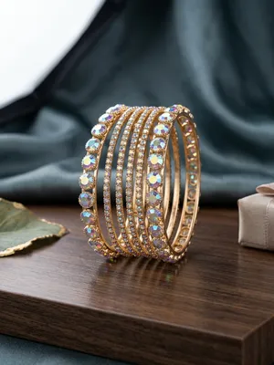 Modern Gold Plated Crystal Kara Bangle Set of 6 thumbnail 5