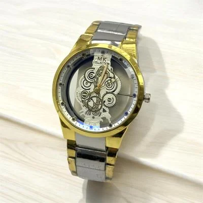 Men's Stainless Steel Watch Gold Silver Chain Strap Transparent Face