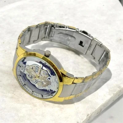 Men's Stainless Steel Watch Gold Silver Chain Strap Transparent Face thumbnail 2