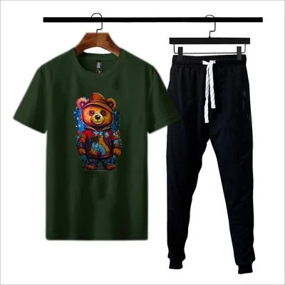 Men Printed Bear Track Suit Black Green Polyester 2Pc