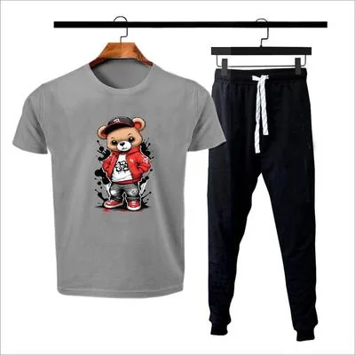 Men Printed Track Suit Grey 2Pcs T-Shirt Trouser