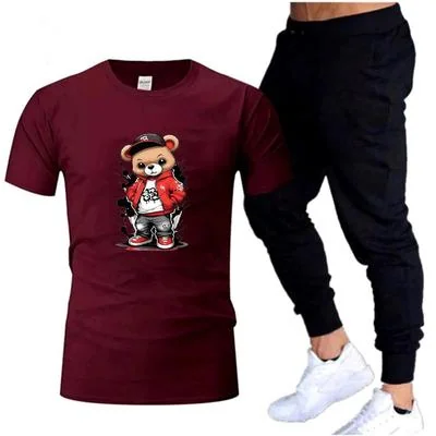 Men Maroon Bear Print Track Suit Polyester 2Pc