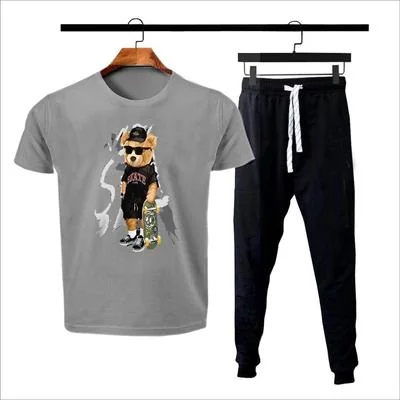 Men Grey Printed Track Suit 2 Pcs Polyester Summer