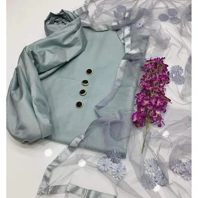 3 Pcs Women's Unstitched Katan Silk Plain Suit