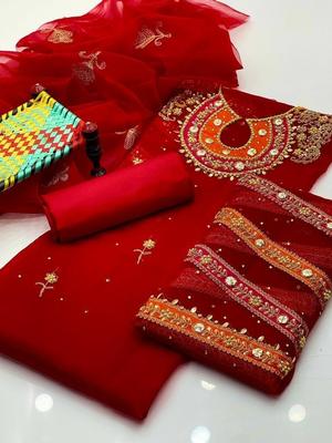 Red Organza Suit with Gold Embroidery for Women thumbnail 2