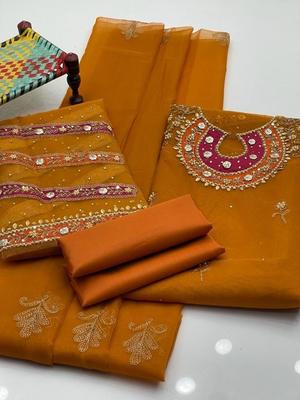 Orange 3-Piece Embroidered Suit for Weddings Eid