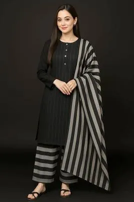 Black Striped 3-Piece Kurta Set for Women