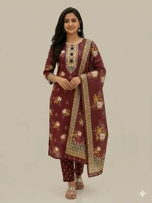 Maroon Floral 3-Piece Kurta Set for Women