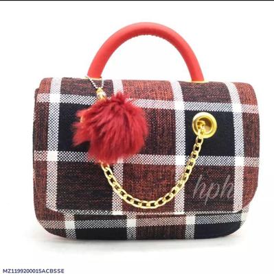 Jute Plaid Shoulder Bag Red Pom Pom Gold Chain thumbnail 4