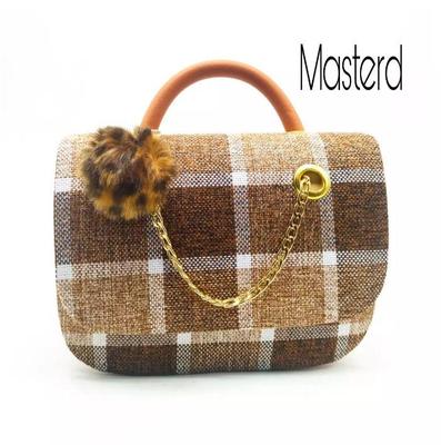 Jute Plaid Shoulder Bag Red Pom Pom Gold Chain thumbnail 2