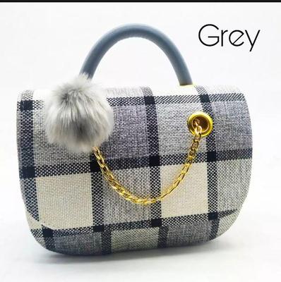Jute Plaid Shoulder Bag Red Pom Pom Gold Chain thumbnail 3