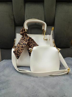 White PU Leather Bowler & Crossbody Bag Set with Leopard Bow