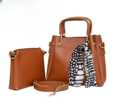 Brown PU Leather Handbag Set with Crossbody & Scarf