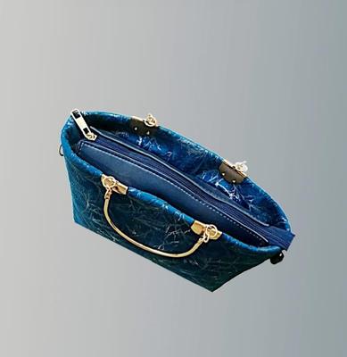Girls Velvet Printed Handbag Blue 10x5x8" thumbnail 3