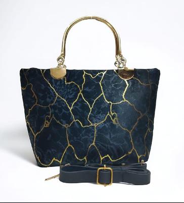 Girls Velvet Printed Handbag Blue 10x5x8" thumbnail 4