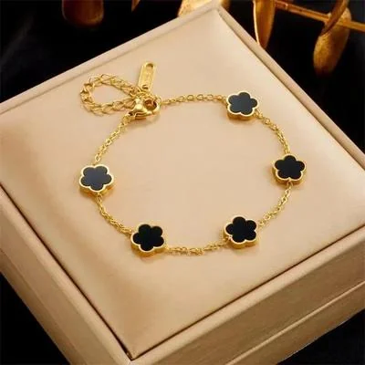 Stainless Steel Clover Bracelet Black Stone Adjustable