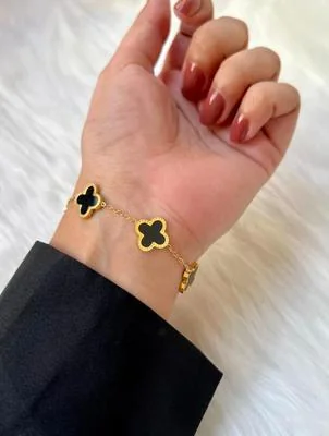 Stainless Steel Clover Bracelet Black Stone Adjustable thumbnail 4