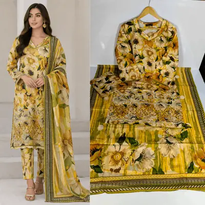 3 Pcs Women's Stitched Lawn Embroidered Suit
