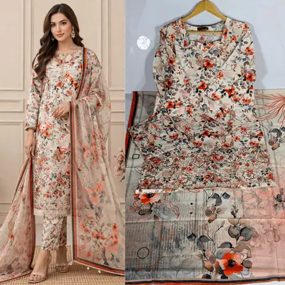 3 Pcs Women's Stitched Lawn Embroidered Suit