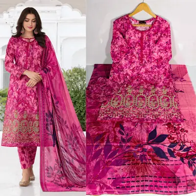 3 Pcs Women's Stitched Lawn Embroidered Suit