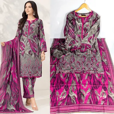 3 Pcs Women's Stitched Lawn Embroidered Suit
