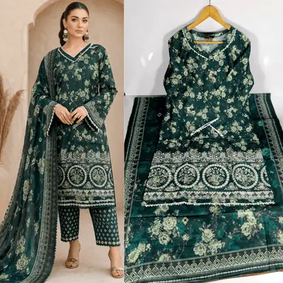 3 Pcs Women's Stitched Lawn Embroidered Suit