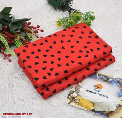 Red Printed Cotton 2Pc Women Suit Set Summer thumbnail 1