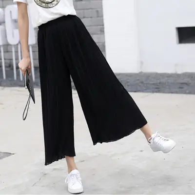 Women Pleated Wide Leg Pants Black Large Spring Casual
