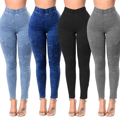 Women High Waist Elastic Slim Jeans Gray XS