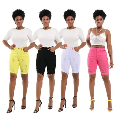 Women Ripped Slim Fit Denim Jeans Summer White