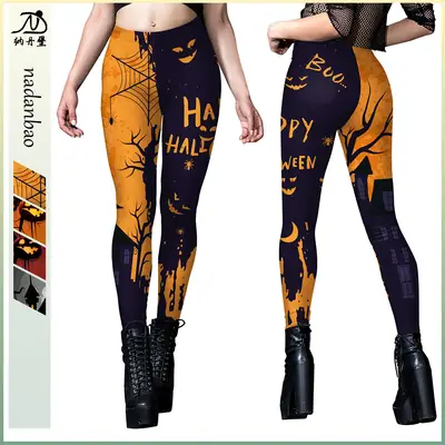 Halloween Printed Leggings Women Dark Orange Spooky Pattern