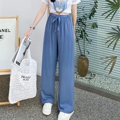 Women Wide Leg Pajama Pants Smoke Blue Plus Size Cotton Summer Casual