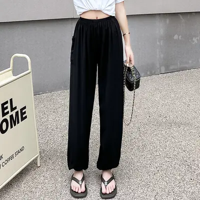 Women Loose Black Cotton Silk Summer Pajama Pants