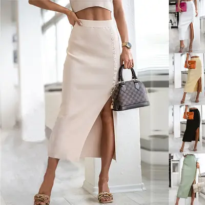 Women's Elegant Ribbed Slit Skirt Summer White