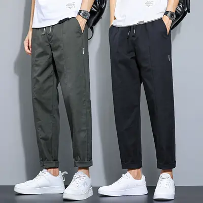 Men Loose Straight Cotton Pants Army Green Autumn